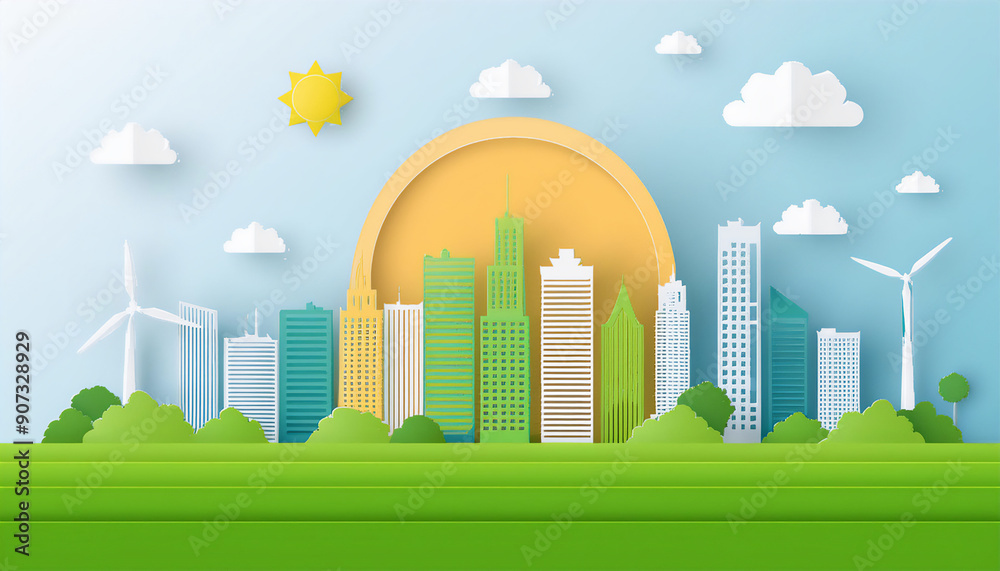 colorful city with nature landscape and sunshine paper art style.Save the world and environment. colorful city with nature landscape and sunshine paper art style.Save the world and environment.