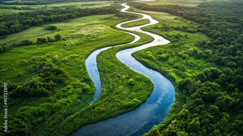 Aerial View of a Winding River Through Lush Green Meadows