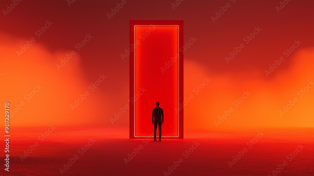 A figure stands before a glowing red door, surrounded by a surreal, foggy landscape, evoking mystery and intrigue.