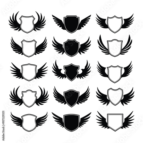 Set of shield with wings vector