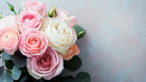 Elegant bouquet of pink and white roses in soft focus