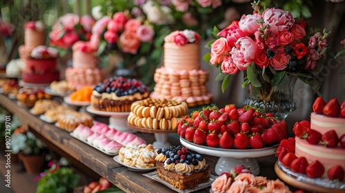 A table full of desserts and fruit, including cakes, strawberries