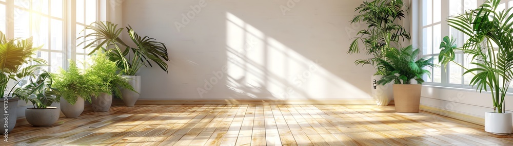 Fototapeta premium Bright and airy room with large windows and potted plants. Sunlight streaming in creating a warm and inviting atmosphere.