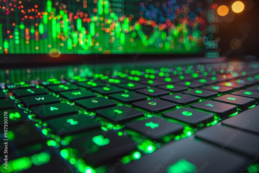 Stock market trading concept keyboard with green buy button on stock chart background Stock market trading concept keyboard with green buy button on stock chart background