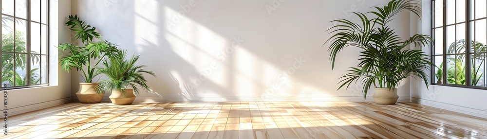 Fototapeta premium Bright empty room with wooden floor, large windows, and green plants. Minimalist interior design with natural light.