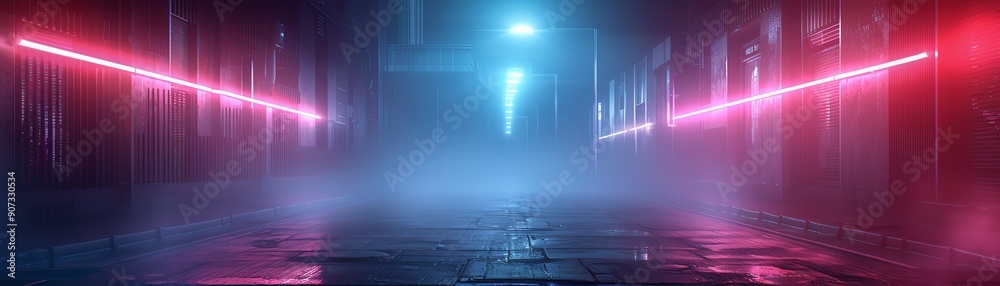Futuristic neon-lit corridor with misty atmosphere, featuring red and blue light beams, evoking a sci-fi or cyberpunk aesthetic. Futuristic neon-lit corridor with misty atmosphere, featuring red and blue light beams, evoking a sci-fi or cyberpunk aesthetic.