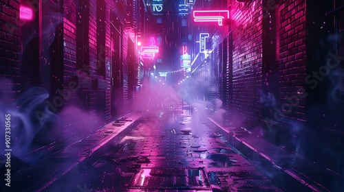 Moody neon-lit alleyway at night with mist and reflections on wet pavement, creating a futuristic cyberpunk atmosphere. photo