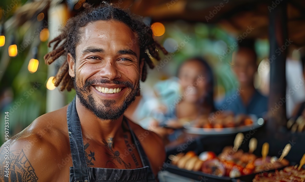 Happy friends are having fun at an outdoor barbecue dinner in the backyard, with a waiter serving food to a group of multiracial people, reflecting a friendship party and youth concept. Happy friends are having fun at an outdoor barbecue dinner in the backyard, with a waiter serving food to a group of multiracial people, reflecting a friendship party and youth concept.