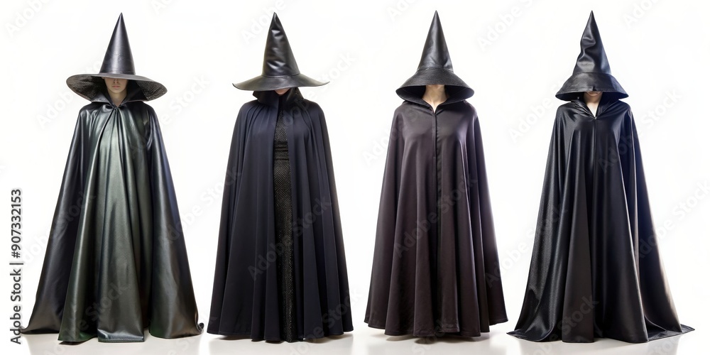 Collection of black witch cloaks isolated on background, Halloween, costume, spooky, magic, witchcraft, garment, fantasy, dark Collection of black witch cloaks isolated on background, Halloween, costume, spooky, magic, witchcraft, garment, fantasy, dark
