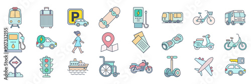 transportation mobility icons set, Included icons as Airplane, Bus, Scooter, Parking sign and more symbols collection, logo isolated vector illustration