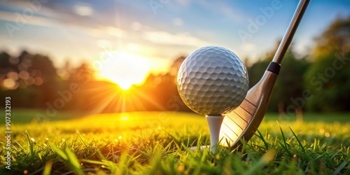 Close up of a golf ball on a tee with a club positioned for a swing on a sunlit course , golf, ball, tee, club, swing, sunlit