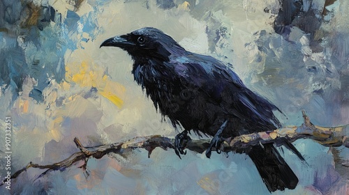 Raven perched on a branch in a textured oil painting