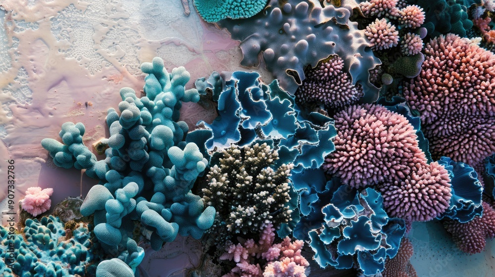 Obraz premium Coral texture close-up in shades of blue and pink on a clean surface