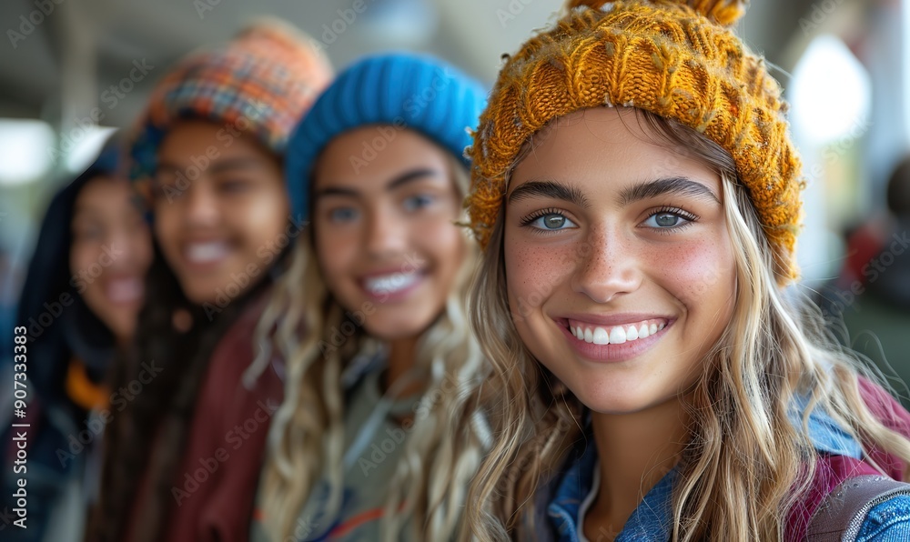 Happy friends are exploring the city and smiling at the camera, capturing a portrait of multiracial teenagers as they head to school. Happy friends are exploring the city and smiling at the camera, capturing a portrait of multiracial teenagers as they head to school.