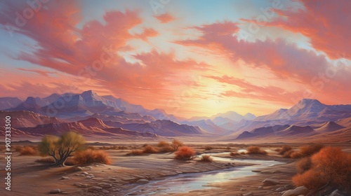 Desert landscape with dramatic sand dunes and a vivid sunset