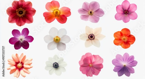 Beautiful Blooming Flowers Collection: Diverse Array of Vibrant Floral Specimens Isolated on White Background. Stunning Botanical Display for Nature Lovers, Spring and Summer Themes, and Horticultural