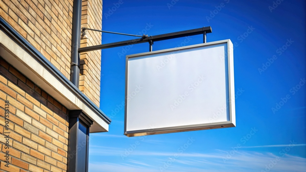 Empty shop signboard against clear blue sky background, retail, storefront, blank, vacant, commercial, display, advertising Empty shop signboard against clear blue sky background, retail, storefront, blank, vacant, commercial, display, advertising