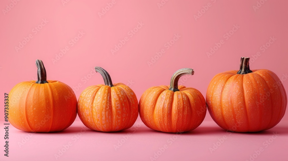 Minimalistic Fall Composition with Balancing Little Pumpkins on Pastel Pink Background - Autumn Copy Space Concept