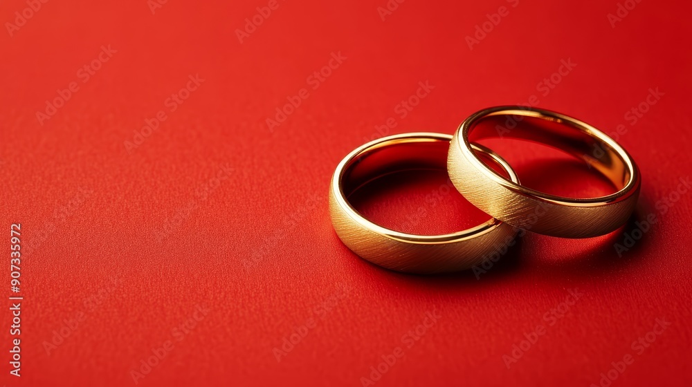 Two elegant golden rings on a flat red surface. Two elegant golden rings on a flat red surface.