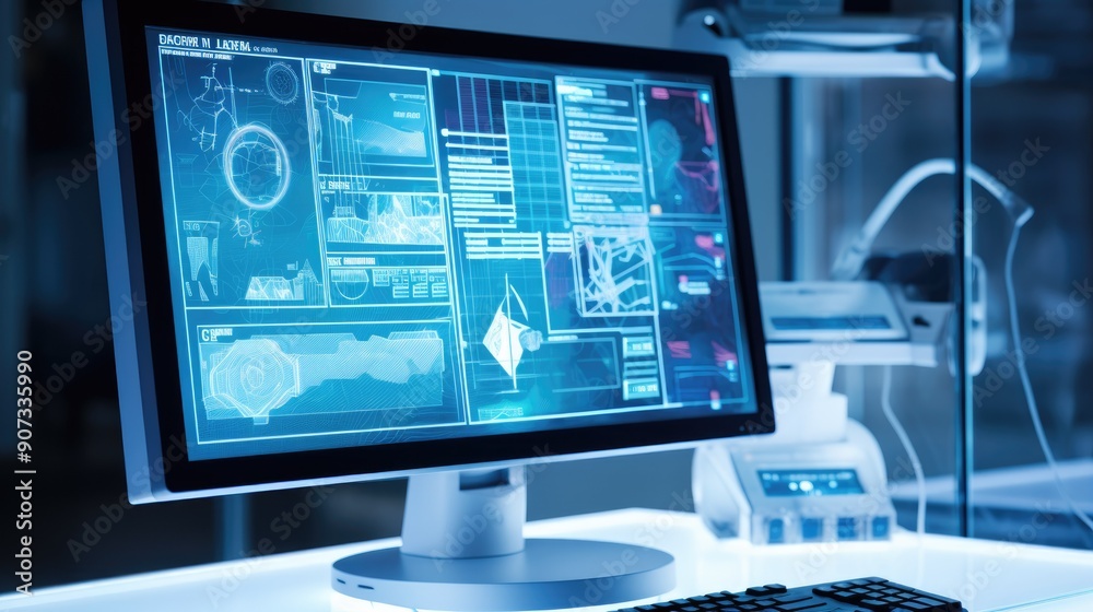 Naklejka premium Digital interface displaying on a lab screen