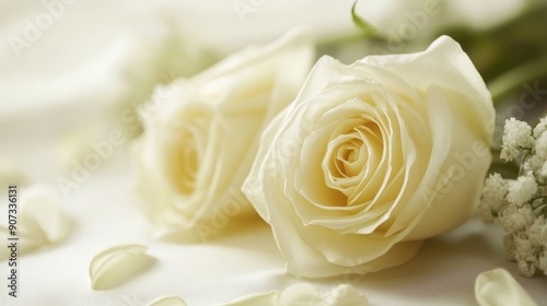 Two white roses with petals and small white flowers.