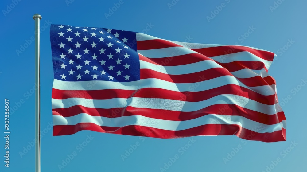 Fototapeta premium A beautifully detailed image of the American flag in motion, its fabric flowing smoothly in the gentle breeze against a bright blue sky, embodying national pride.