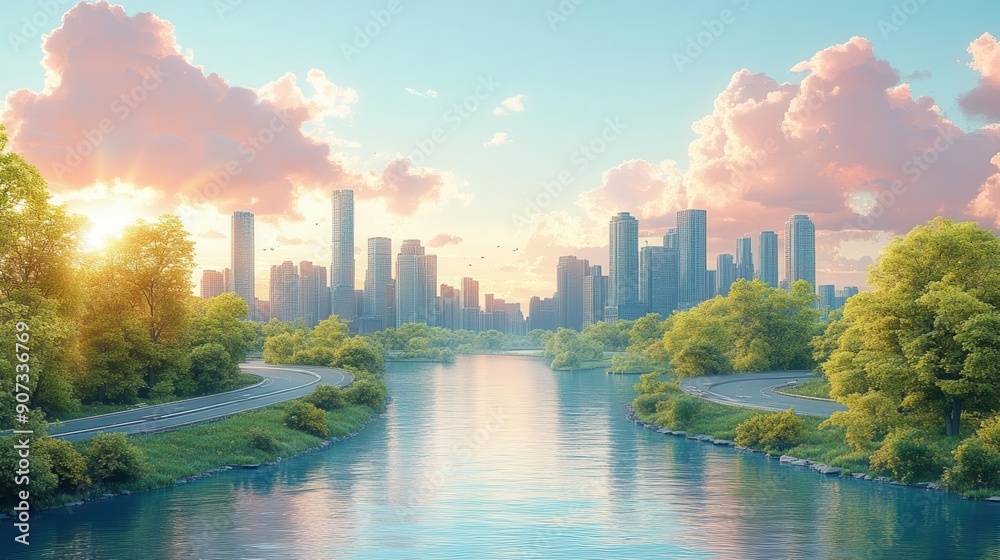 Cityscape with River and Green Trees at Sunset. Cityscape with River and Green Trees at Sunset.