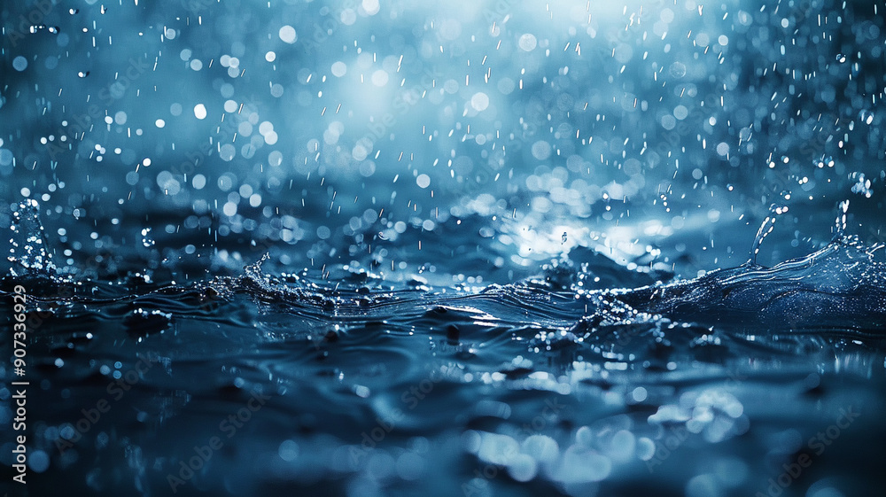 Raindrops falling on a dark surface at night capturing water reflections and ripples