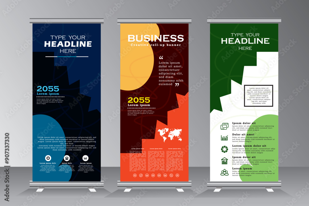 Three Color Vertical Roll up banners template design with three colors. vertical template ...