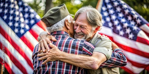 Senior veteran embracing another veteran at a patriotic gathering , patriotism, veterans, seniors, emotions, love photo