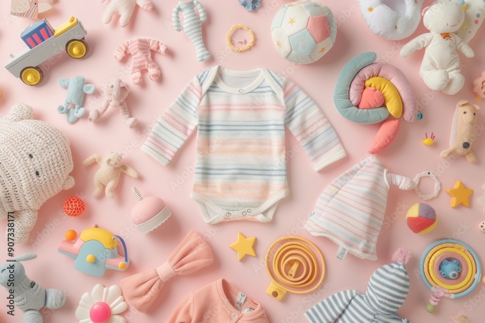 Flat lay image of baby girl clothes complete with baby girl toys, light blue background , baby stuff , baby clothing Flat lay image of baby girl clothes complete with baby girl toys, light blue background , baby stuff , baby clothing