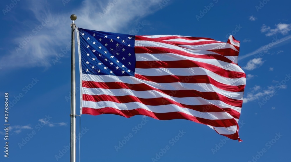 An American flag rippling gently in the breeze, its stars and stripes clear and vibrant against a deep, cloudless blue sky, symbolizing national pride. An American flag rippling gently in the breeze, its stars and stripes clear and vibrant against a deep, cloudless blue sky, symbolizing national pride.