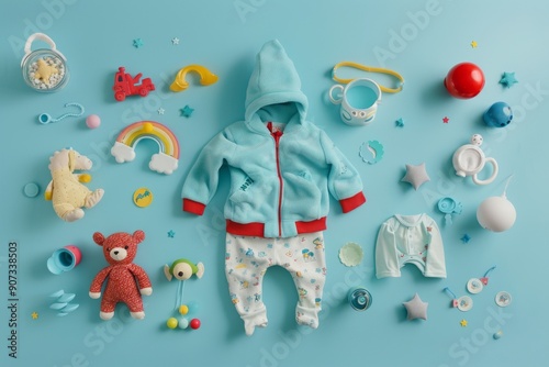 Flat lay image of baby boy clothes complete with baby boy toys, light blue background , baby stuff , baby clothing  photo