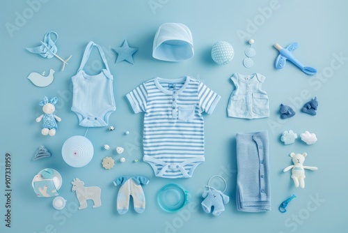 Flat lay image of baby boy clothes complete with baby boy toys, light blue background , baby stuff , baby clothing  photo