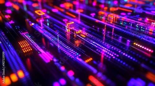 Abstract digital circuit board with glowing neon lights in purple and orange. A futuristic tech background.