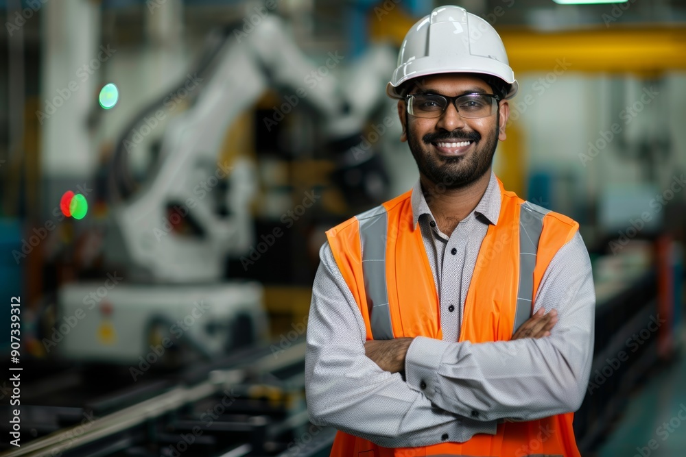 Portrait of a handsome Indian engineer in safety vest and hardhat, smiling confidently with crossed arms in a modern manufacturing factory. CNC machinery and robot arm visible in the background. Portrait of a handsome Indian engineer in safety vest and hardhat, smiling confidently with crossed arms in a modern manufacturing factory. CNC machinery and robot arm visible in the background.