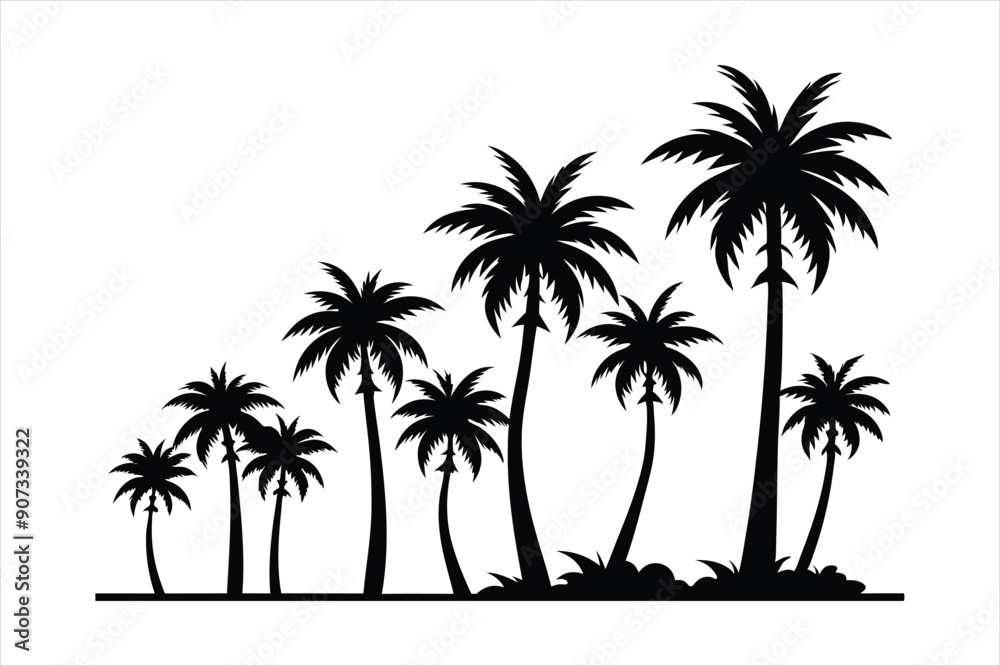 Fototapeta premium palm tree and birds in different stages of growth black vector