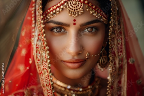 Portrait of a graceful Indian woman in a lehenga choli or sari, adorned with traditional kundan jewelry set, celebrating cultural heritage and feminine elegance.