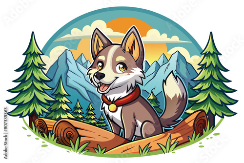 Cartoon Husky Dog Sitting on Logs in a Mountain Forest