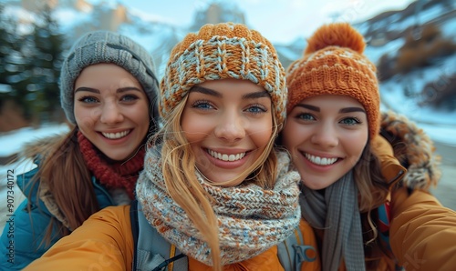 Happy friends, dressed in winter clothes, are taking a selfie outdoors. A group of young people is having fun on a city street, with both men and women smiling at the camera