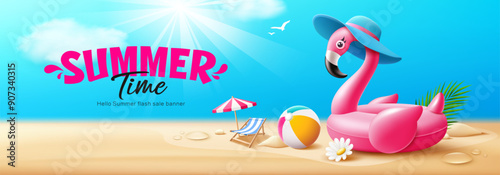 Summer time banner, Pink flamingo inflatable swimming pool ring float, beach umbrella, pile of sand, beach ball, on cloud and sky sand beach background, eps 10 vector illustration
