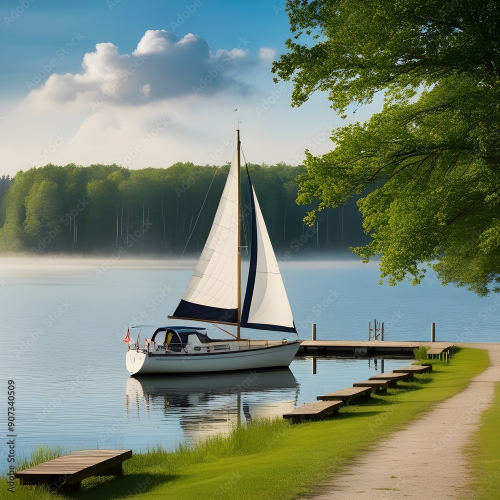 Obraz premium CZAPLINEK, WEST POMERANIAN - POLAND - JUNE 14, 2024: LANDSCAPE BY THE LAKE - A sailboat moored in the marina