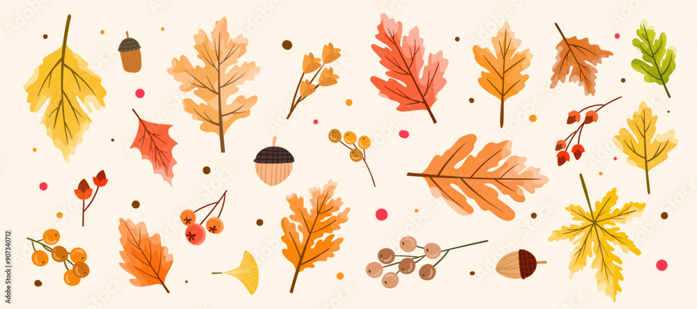 Obraz premium Autumn Leaves or Fall Leaves and Maple Leaf, Oak Leaf, Dry Leaf, Fall Foliage for Autumn Background or Autumn Mood Set in Vector SVG