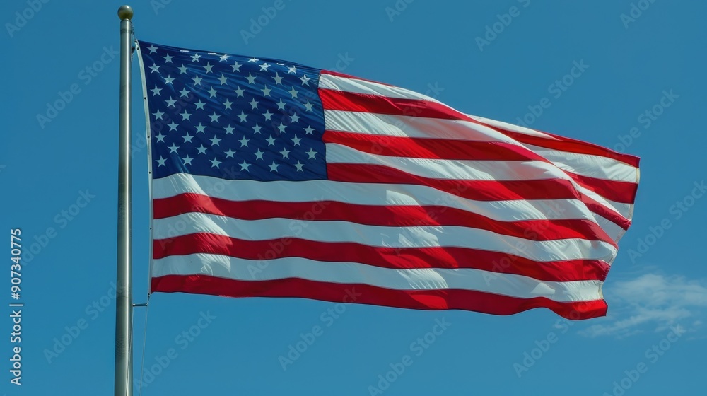 An iconic shot of the American flag, its stars and stripes vividly displayed against the simplicity of a clear, bright blue sky. An iconic shot of the American flag, its stars and stripes vividly displayed against the simplicity of a clear, bright blue sky.
