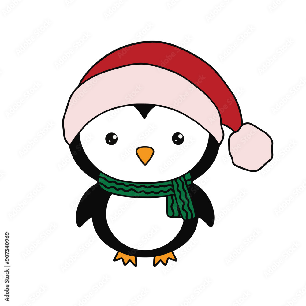 Vector cute penguin with Santa hat, scarf isolated on the white background Vector cute penguin with Santa hat, scarf isolated on the white background