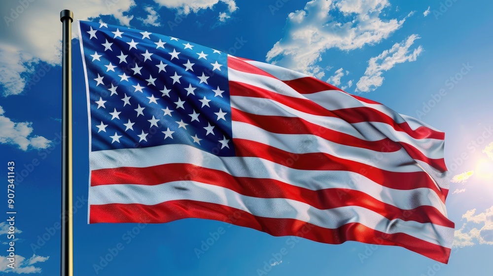 Obraz premium The American flag captured in a dynamic mid-wave, creating a sense of motion and pride against a brilliantly blue sky.