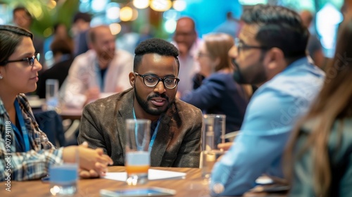 A diverse group of professionals networking at a conference, exchanging ideas and building connections 