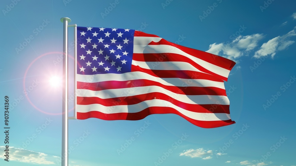 Obraz premium The American flag fluttering in a strong breeze, its colors vibrant and bold, set against a bright, cloudless blue sky.