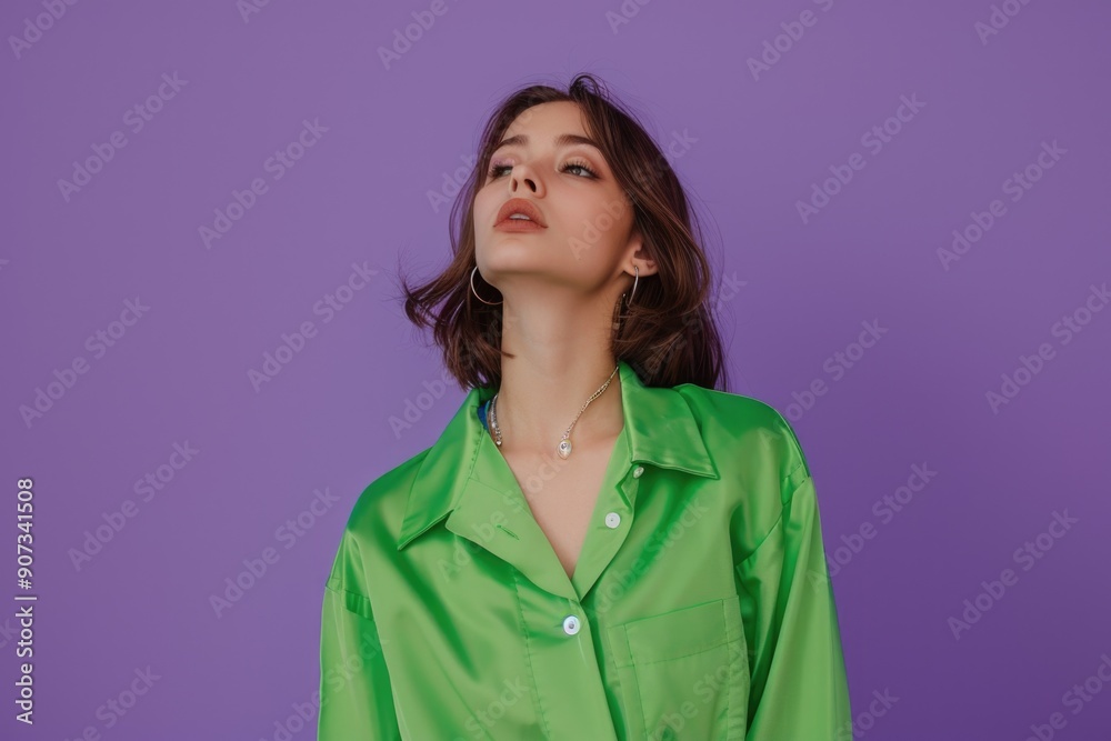 A woman wearing a green shirt looks up, possibly lost in thought or gazing at something above A woman wearing a green shirt looks up, possibly lost in thought or gazing at something above