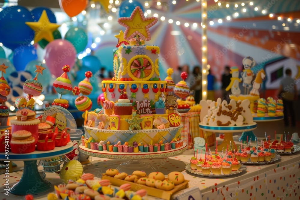 A vibrant carnival setting filled with birthday delights, Colorful circus-themed birthday party table with balloons, confetti, and a big top cake, AI generated A vibrant carnival setting filled with birthday delights, Colorful circus-themed birthday party table with balloons, confetti, and a big top cake, AI generated